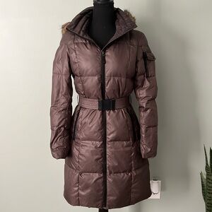 Andrew Marc New York Belted Pewter Long Puffer Jacket Warm Fitted Style size XS